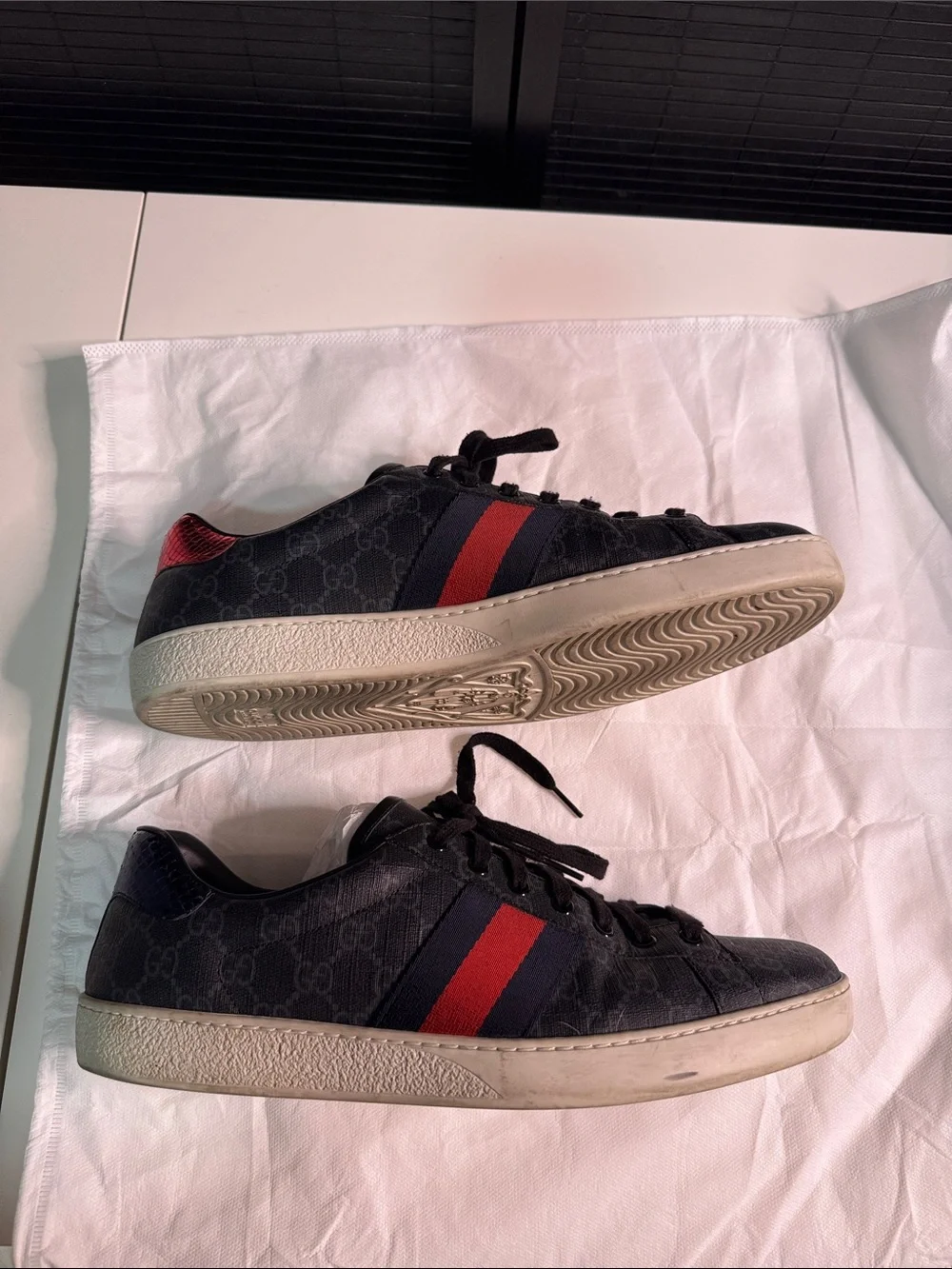 Gucci Gray leather Monogram Sneakers with Navy and Red Stripes